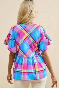 Sale Dear-Lover Colorful Plaid V Neck Ruffled Short Sleeve Babydoll Top Sky Blue