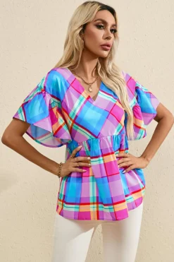 Sale Dear-Lover Colorful Plaid V Neck Ruffled Short Sleeve Babydoll Top Sky Blue