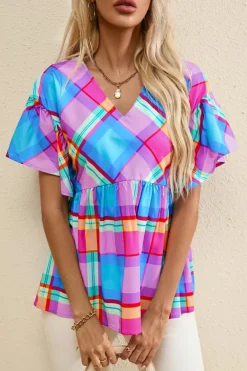 Sale Dear-Lover Colorful Plaid V Neck Ruffled Short Sleeve Babydoll Top Sky Blue