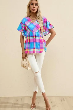 Sale Dear-Lover Colorful Plaid V Neck Ruffled Short Sleeve Babydoll Top Sky Blue