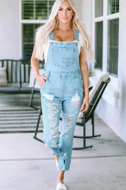 New Dear-Lover Constructed Bib Pocket Distressed Denim Overalls Sky Blue