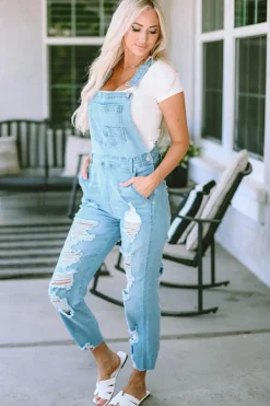 New Dear-Lover Constructed Bib Pocket Distressed Denim Overalls Sky Blue