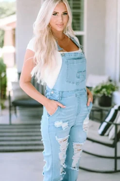 New Dear-Lover Constructed Bib Pocket Distressed Denim Overalls Sky Blue