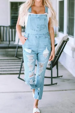 New Dear-Lover Constructed Bib Pocket Distressed Denim Overalls Sky Blue