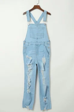 New Dear-Lover Constructed Bib Pocket Distressed Denim Overalls Sky Blue