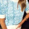 Discount Dear-Lover Contrast Floral Crewneck Short Sleeve Sweater Sky Blue