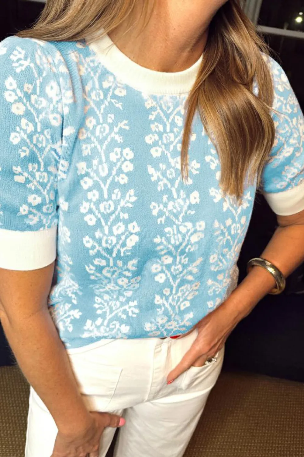 Discount Dear-Lover Contrast Floral Crewneck Short Sleeve Sweater Sky Blue