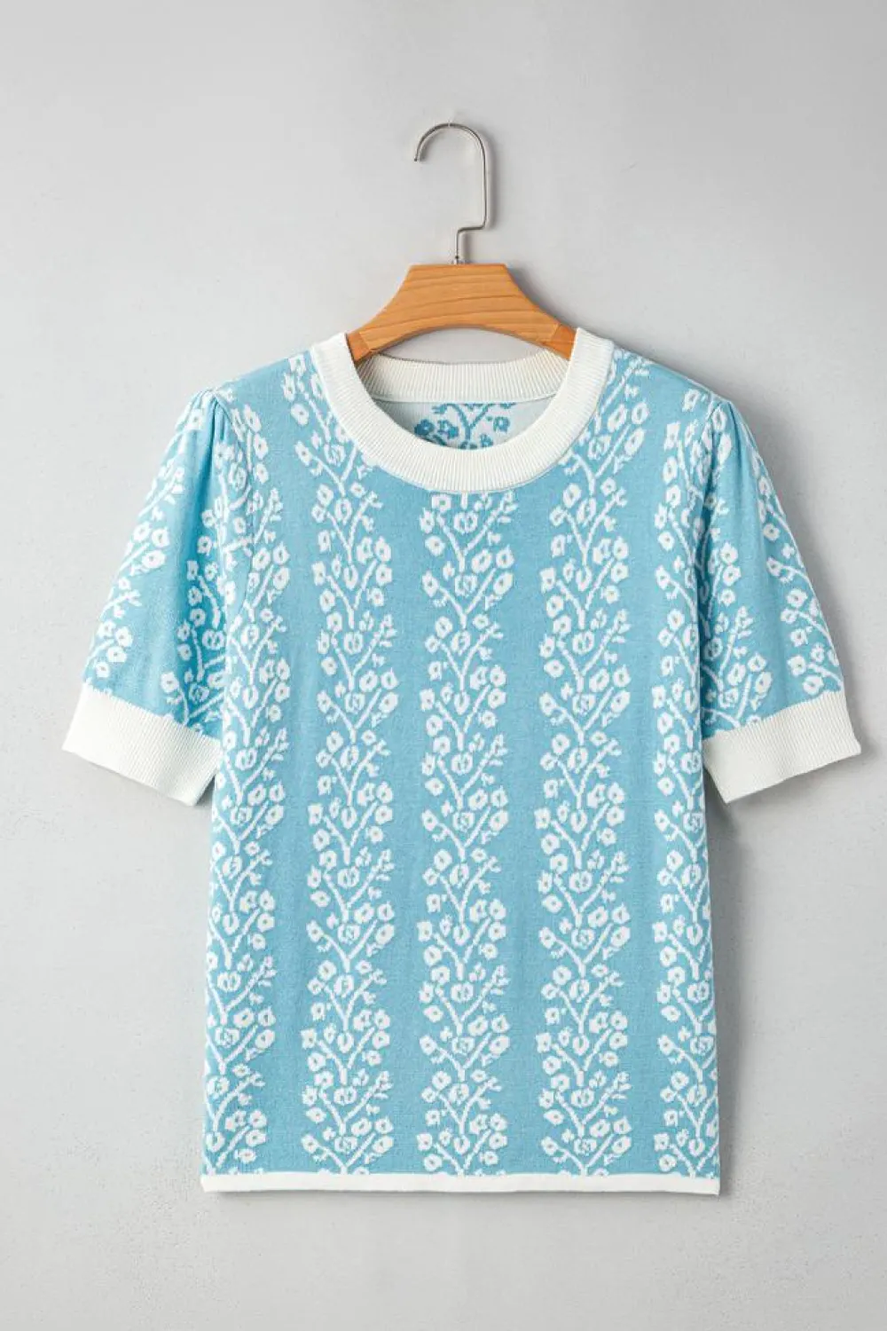 Discount Dear-Lover Contrast Floral Crewneck Short Sleeve Sweater Sky Blue