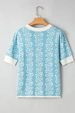 Discount Dear-Lover Contrast Floral Crewneck Short Sleeve Sweater Sky Blue