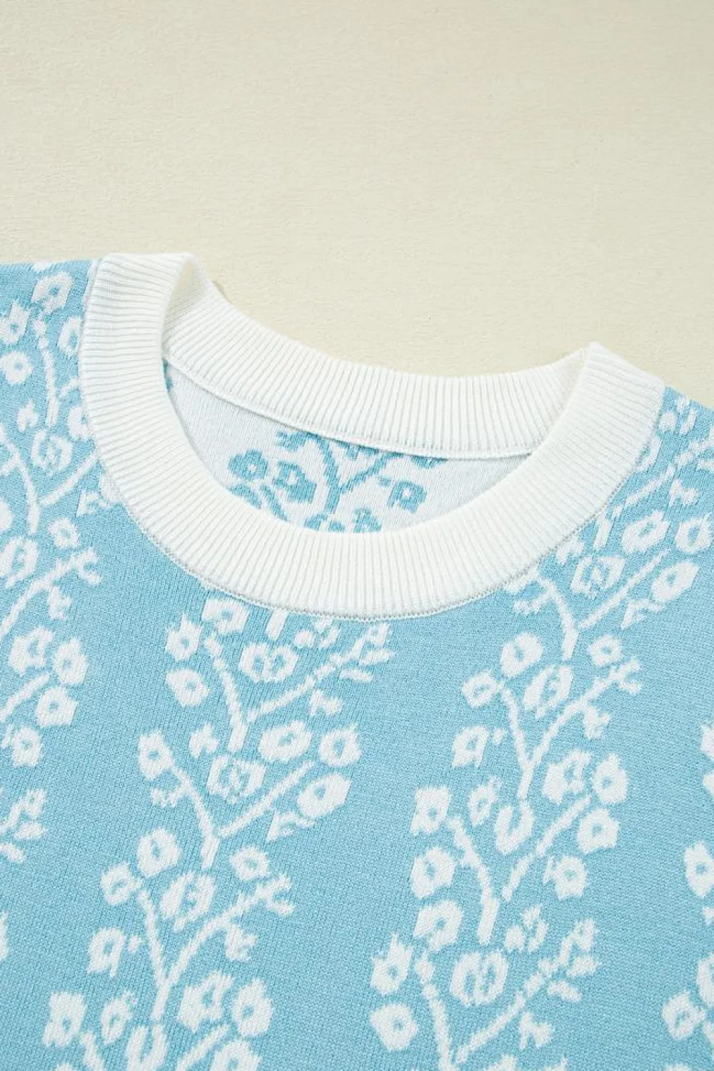 Discount Dear-Lover Contrast Floral Crewneck Short Sleeve Sweater Sky Blue