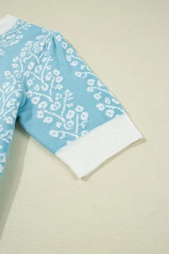 Discount Dear-Lover Contrast Floral Crewneck Short Sleeve Sweater Sky Blue