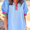 Outlet Dear-Lover Contrast Striped V Neck Collision Short Puff Sleeve Blouse Sky Blue