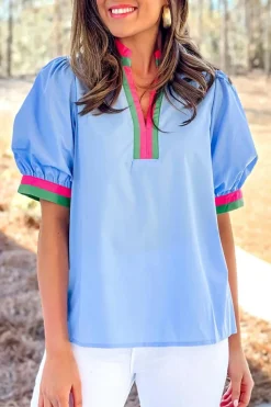 Outlet Dear-Lover Contrast Striped V Neck Collision Short Puff Sleeve Blouse Sky Blue