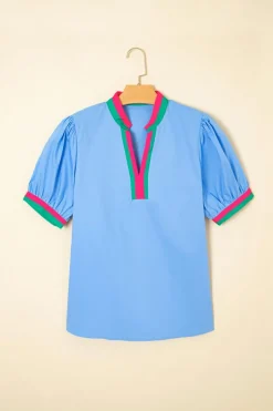 Outlet Dear-Lover Contrast Striped V Neck Collision Short Puff Sleeve Blouse Sky Blue