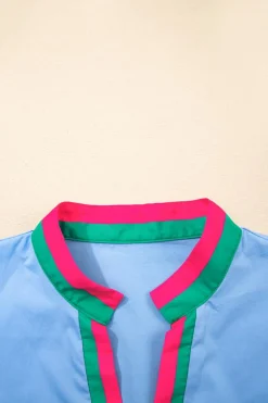 Outlet Dear-Lover Contrast Striped V Neck Collision Short Puff Sleeve Blouse Sky Blue