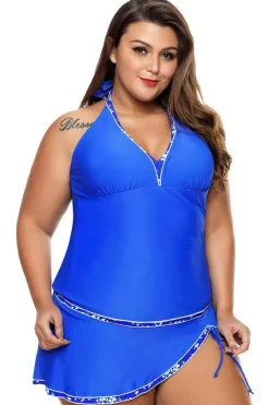 Outlet Dear-Lover Sky Contrast Trim Tankini Top with Swimsuit Skirt Tankini Set Blue