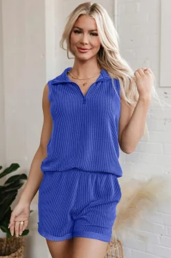 Outlet Dear-Lover Corded Collared Half Zip Tank Top Two Piece Shorts Set Sky Blue