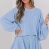 Best Dear-Lover Corded Lantern Sleeve Top High Waist Ruffled Mini Skirt Set Sky Blue