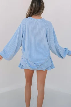 Best Dear-Lover Corded Lantern Sleeve Top High Waist Ruffled Mini Skirt Set Sky Blue