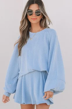 Best Dear-Lover Corded Lantern Sleeve Top High Waist Ruffled Mini Skirt Set Sky Blue