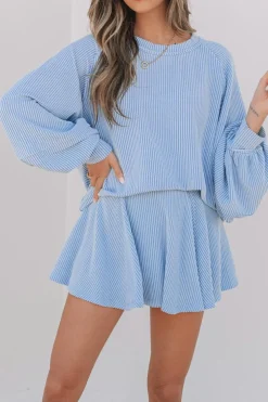 Best Dear-Lover Corded Lantern Sleeve Top High Waist Ruffled Mini Skirt Set Sky Blue