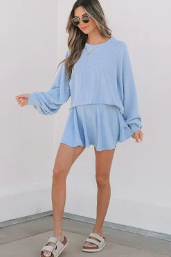 Best Dear-Lover Corded Lantern Sleeve Top High Waist Ruffled Mini Skirt Set Sky Blue
