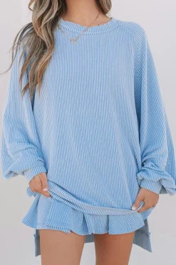 Best Dear-Lover Corded Lantern Sleeve Top High Waist Ruffled Mini Skirt Set Sky Blue