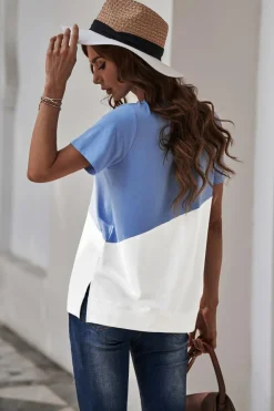 Best Dear-Lover Crew Neck Colorblock Tee Sky Blue