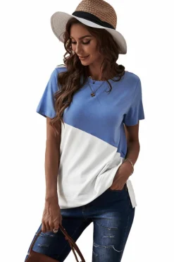 Best Dear-Lover Crew Neck Colorblock Tee Sky Blue