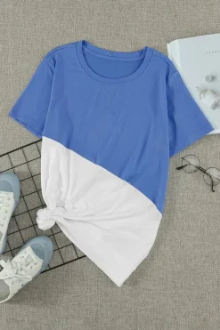 Best Dear-Lover Crew Neck Colorblock Tee Sky Blue