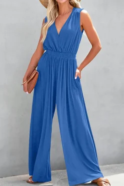 Best Dear-Lover Deep V Pleated Crisscross Wide Leg Backless Jumpsuit Sky Blue