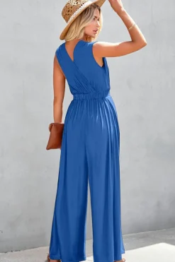 Best Dear-Lover Deep V Pleated Crisscross Wide Leg Backless Jumpsuit Sky Blue