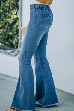Hot Dear-Lover Distressed Bell Bottom Denim Pants Sky Blue