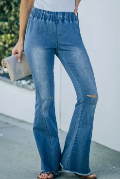Hot Dear-Lover Distressed Bell Bottom Denim Pants Sky Blue