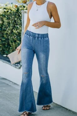 Hot Dear-Lover Distressed Bell Bottom Denim Pants Sky Blue