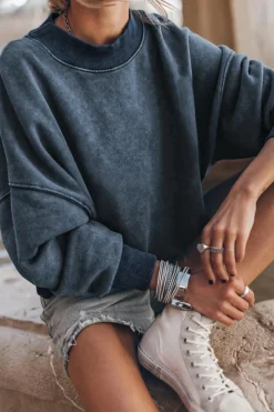 Outlet Dear-Lover Drop Shoulder Crew Neck Pullover Sweatshirt Sky Blue