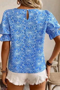 Fashion Dear-Lover Eyelet Flower Embroidery Frilled Short Puff Sleeve Blouse Sky Blue