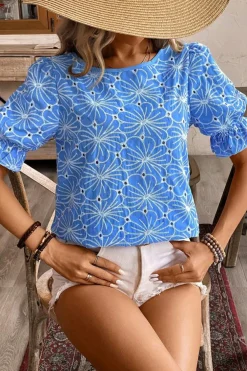 Fashion Dear-Lover Eyelet Flower Embroidery Frilled Short Puff Sleeve Blouse Sky Blue