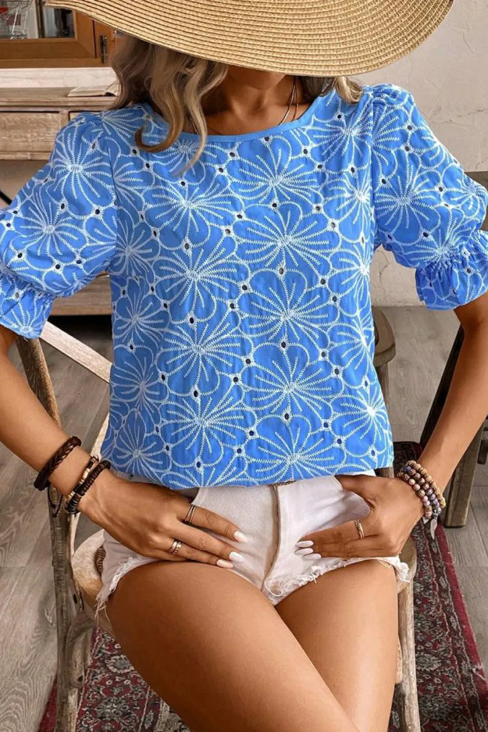 Fashion Dear-Lover Eyelet Flower Embroidery Frilled Short Puff Sleeve Blouse Sky Blue
