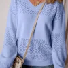 Clearance Dear-Lover Eyelet Pattern Detail V Neck Drop Shoulder Sweater Sky Blue