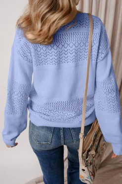 Clearance Dear-Lover Eyelet Pattern Detail V Neck Drop Shoulder Sweater Sky Blue