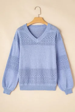Clearance Dear-Lover Eyelet Pattern Detail V Neck Drop Shoulder Sweater Sky Blue