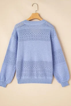 Clearance Dear-Lover Eyelet Pattern Detail V Neck Drop Shoulder Sweater Sky Blue