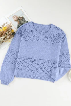 Clearance Dear-Lover Eyelet Pattern Detail V Neck Drop Shoulder Sweater Sky Blue