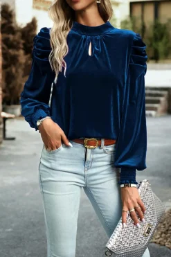 Online Dear-Lover Fiery Mock Neck Puff Sleeve Velvet Blouse Sky Blue