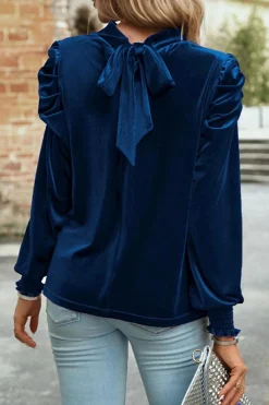 Online Dear-Lover Fiery Mock Neck Puff Sleeve Velvet Blouse Sky Blue
