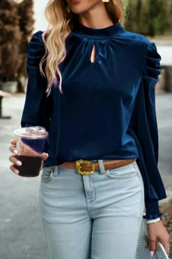 Online Dear-Lover Fiery Mock Neck Puff Sleeve Velvet Blouse Sky Blue