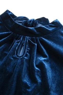 Online Dear-Lover Fiery Mock Neck Puff Sleeve Velvet Blouse Sky Blue