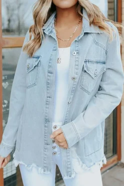 Outlet Dear-Lover Flap Pocket Buttoned Raw Hem Denim Jacket Sky Blue