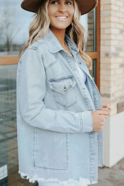 Outlet Dear-Lover Flap Pocket Buttoned Raw Hem Denim Jacket Sky Blue